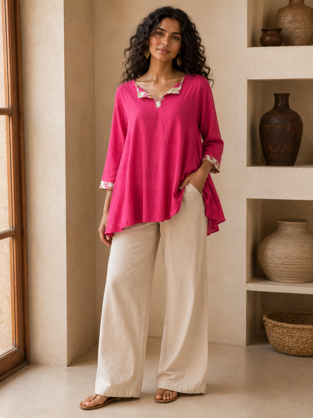 Fuchsia Bloom Handkerchief Hem Shirt