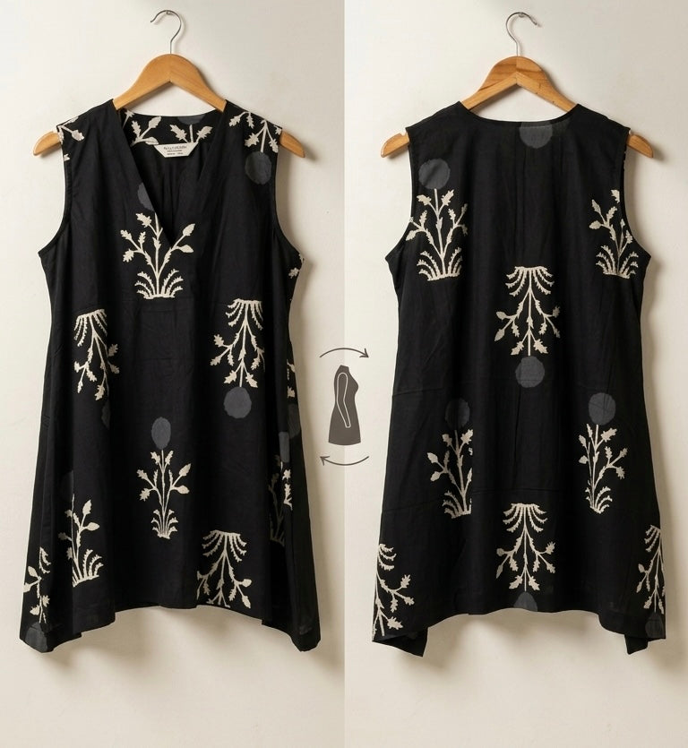 Block-Print Sleeveless V-Neck Tunic Top