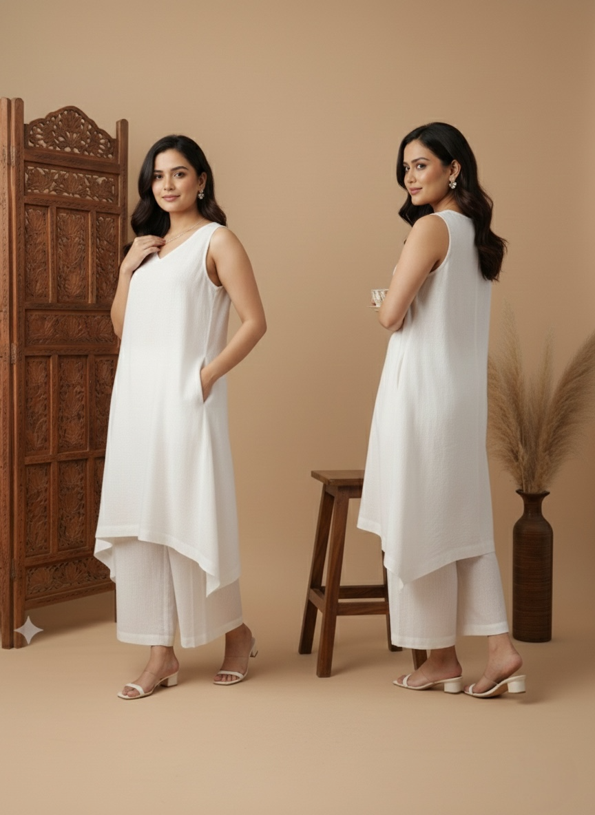 Asymmetric Textured Co-ord Set in Ivory