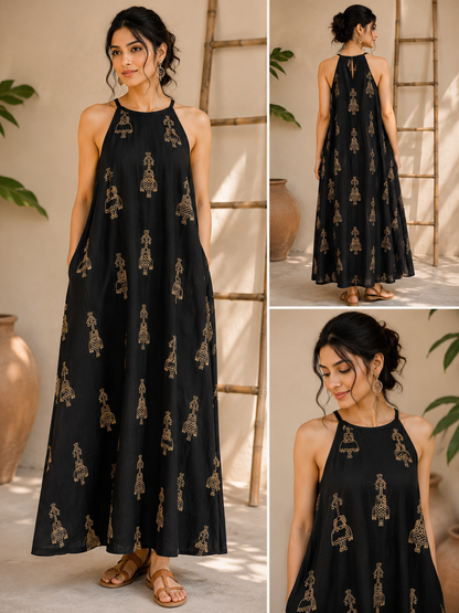 Black Artisanal Halter Maxi