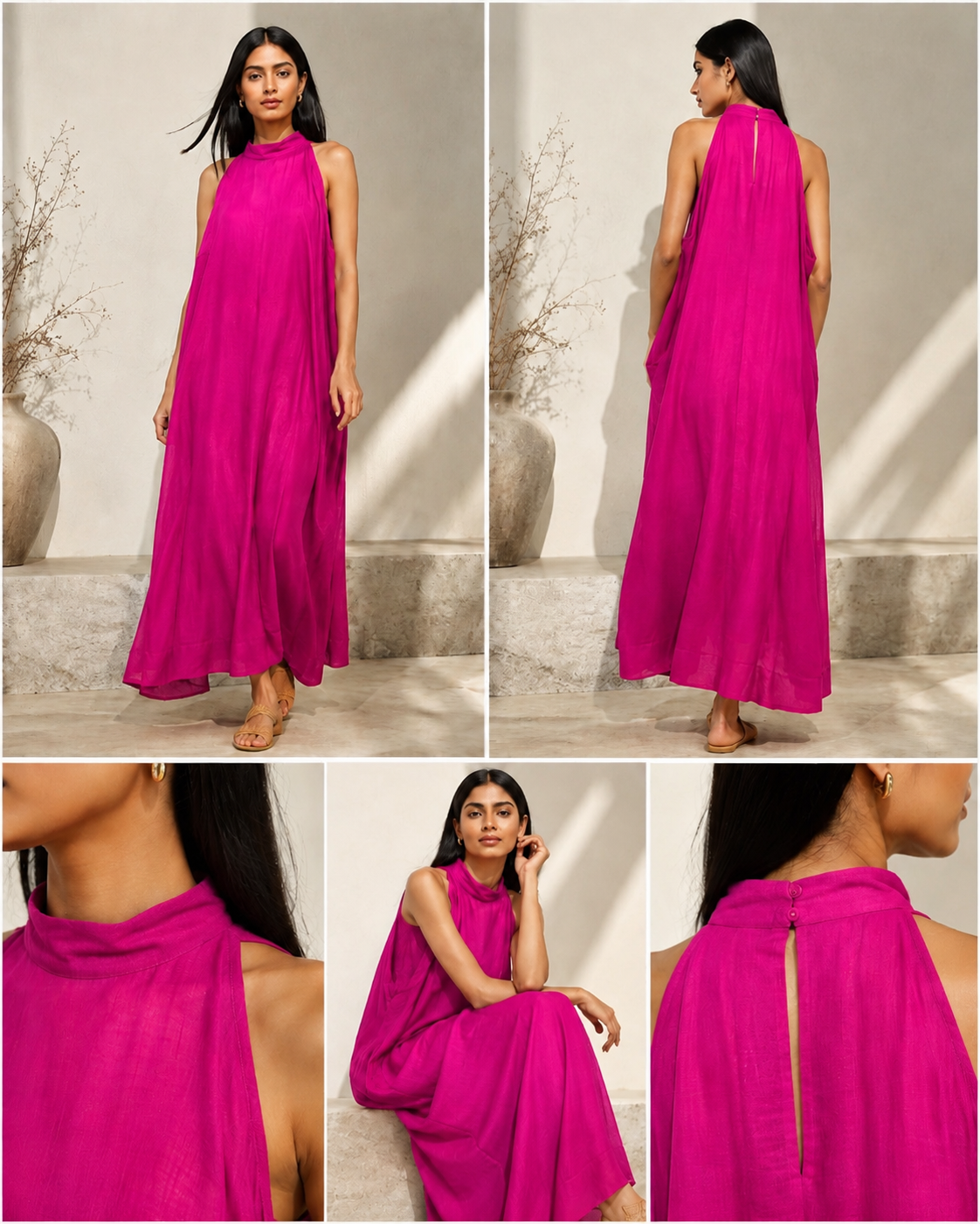 Fuchsia Crinkle Halter Maxi