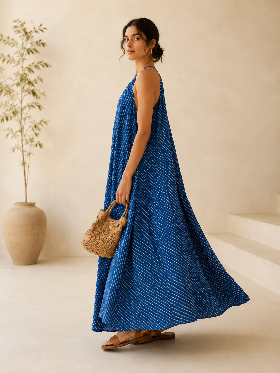 Azure A-Line Halter Maxi with Textured Stripes