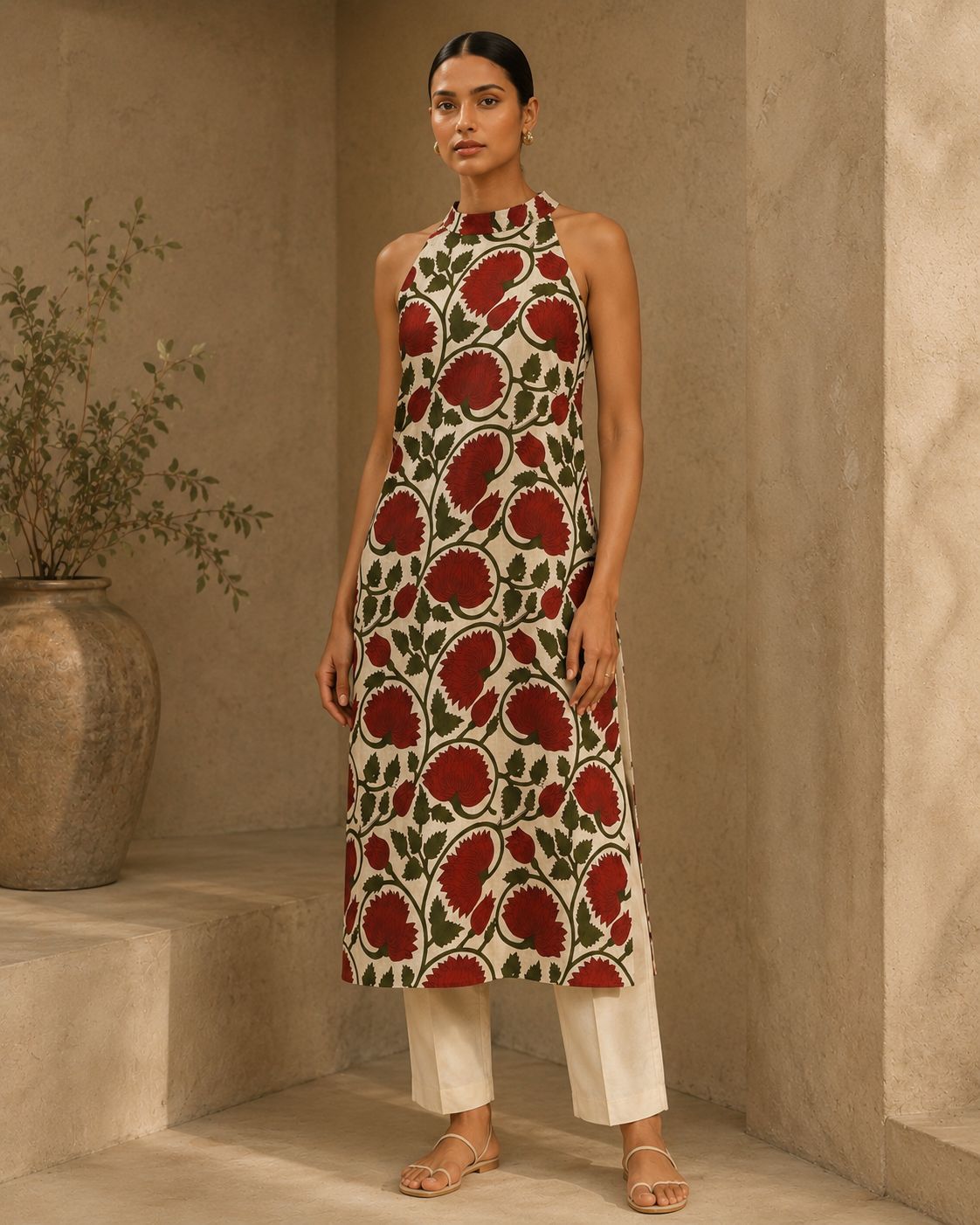 crimson Bloom Halter Kurti