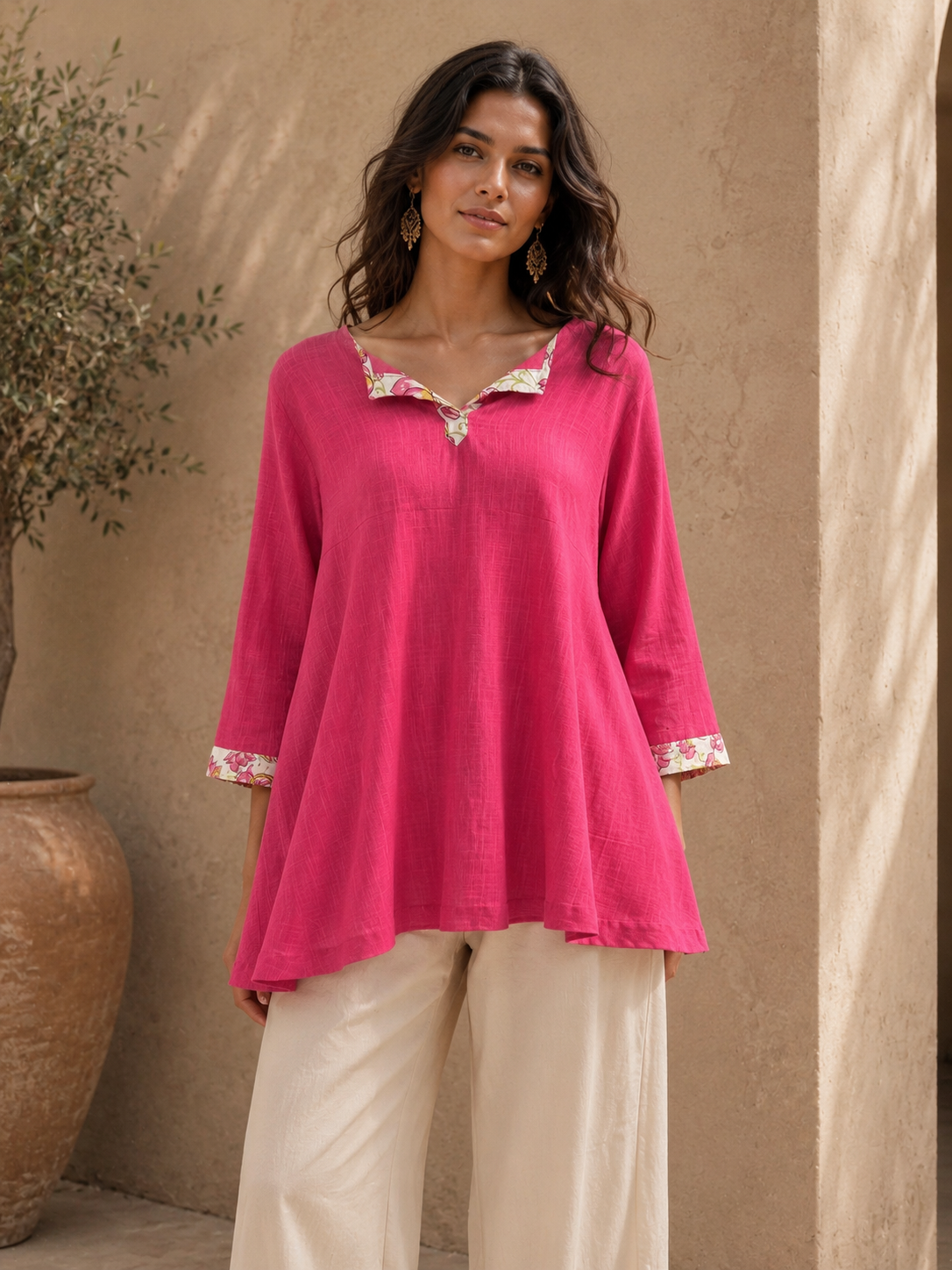 Fuchsia Bloom Handkerchief Hem Shirt