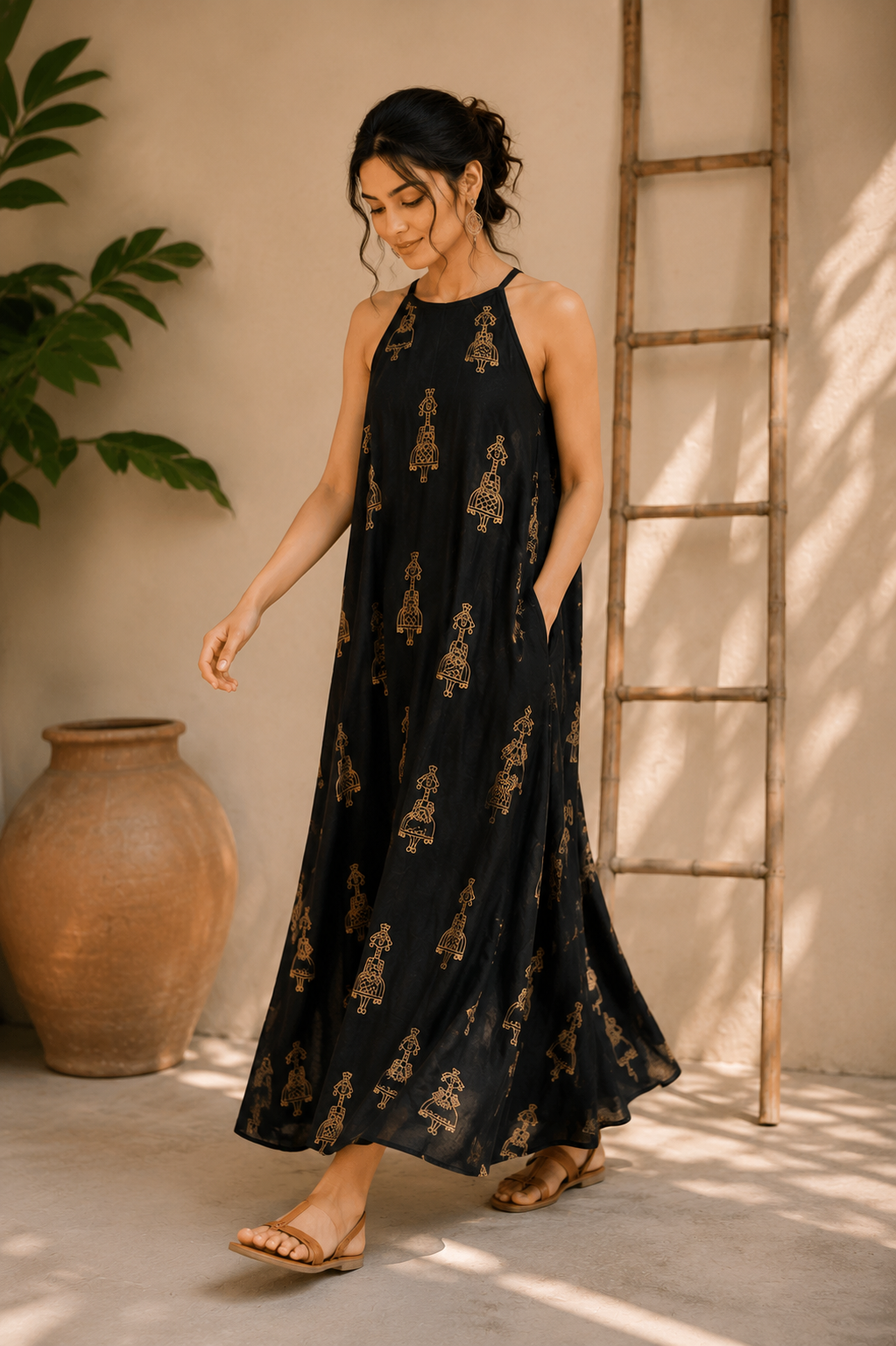 Black Artisanal Halter Maxi