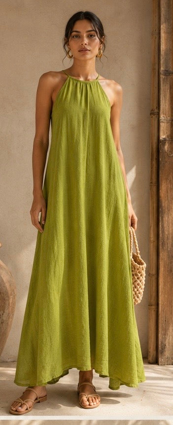 The Lime Slub Halter Maxi