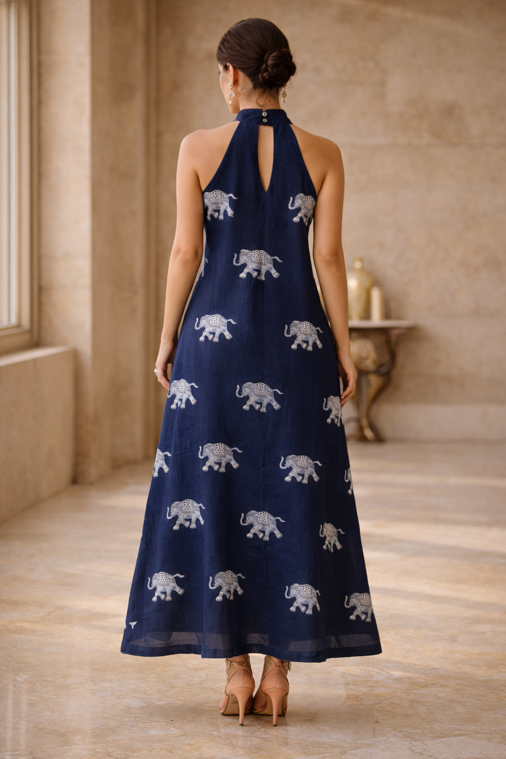 Handblock  Indigo Elephant Print Halter Neck A-Line Dress