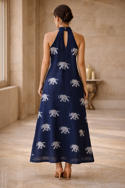 Handblock  Indigo Elephant Print Halter Neck A-Line Dress