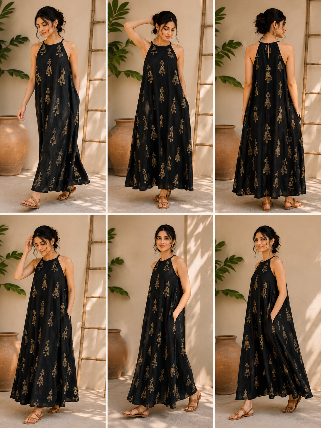 Black Artisanal Halter Maxi