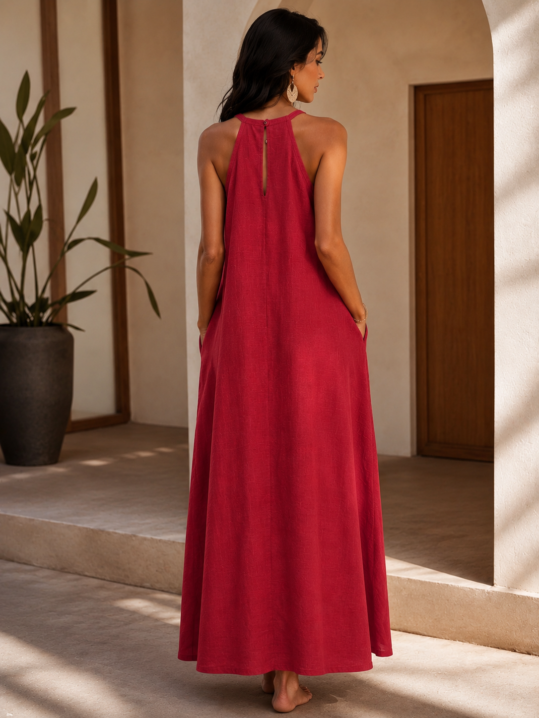 The Crimson Slub Halter Maxi
