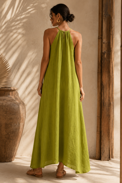 The Lime Slub Halter Maxi