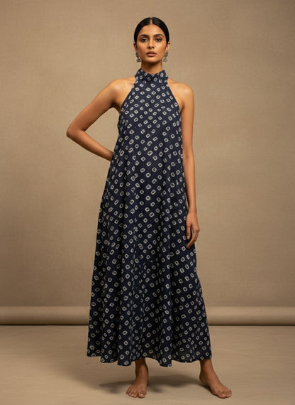 Blue-Bandhani Halter Maxi Dress