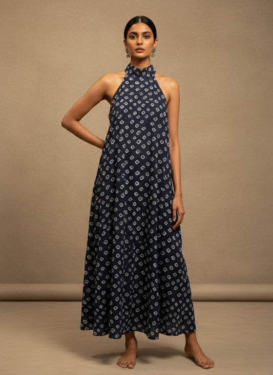 Blue-Bandhani Halter Maxi Dress