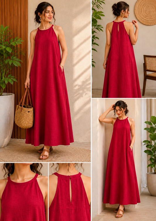 The Crimson Slub Halter Maxi