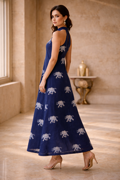 Handblock  Indigo Elephant Print Halter Neck A-Line Dress