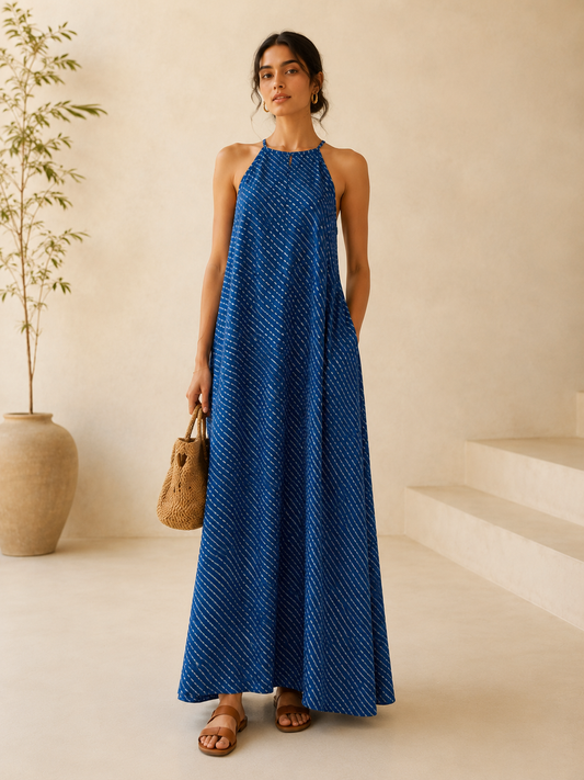Azure A-Line Halter Maxi with Textured Stripes
