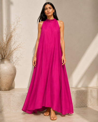 Fuchsia Crinkle Halter Maxi