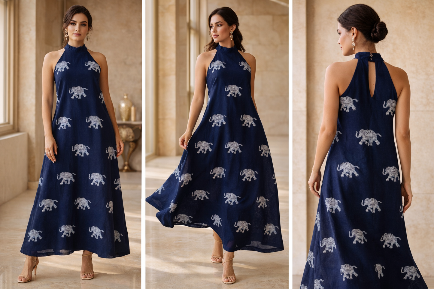 Handblock  Indigo Elephant Print Halter Neck A-Line Dress