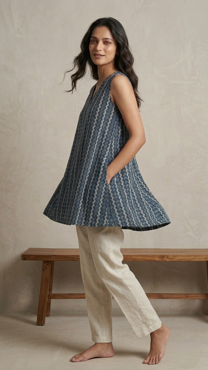 Blue Chevron Cotton Kurti Top