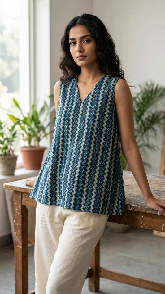 Blue Chevron Cotton Kurti Top