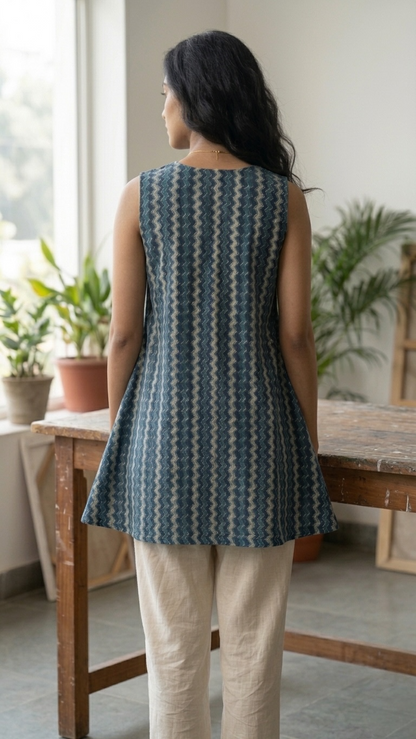 Blue Chevron Cotton Kurti Top