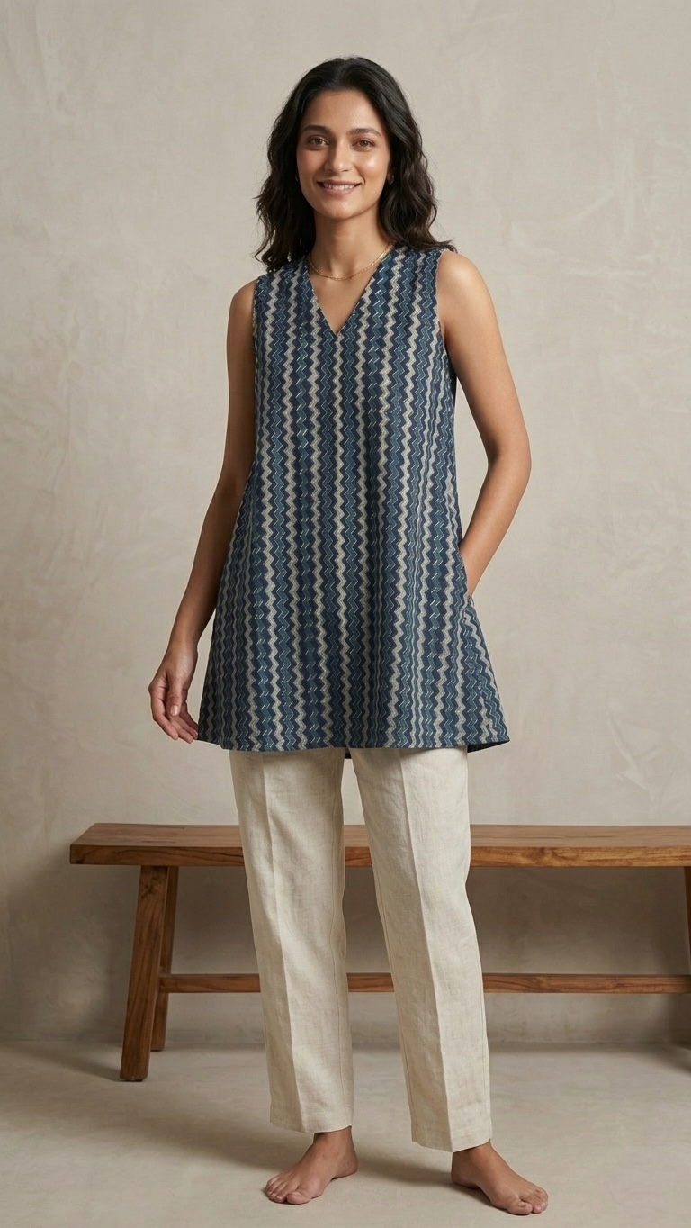 Blue Chevron Cotton Kurti Top