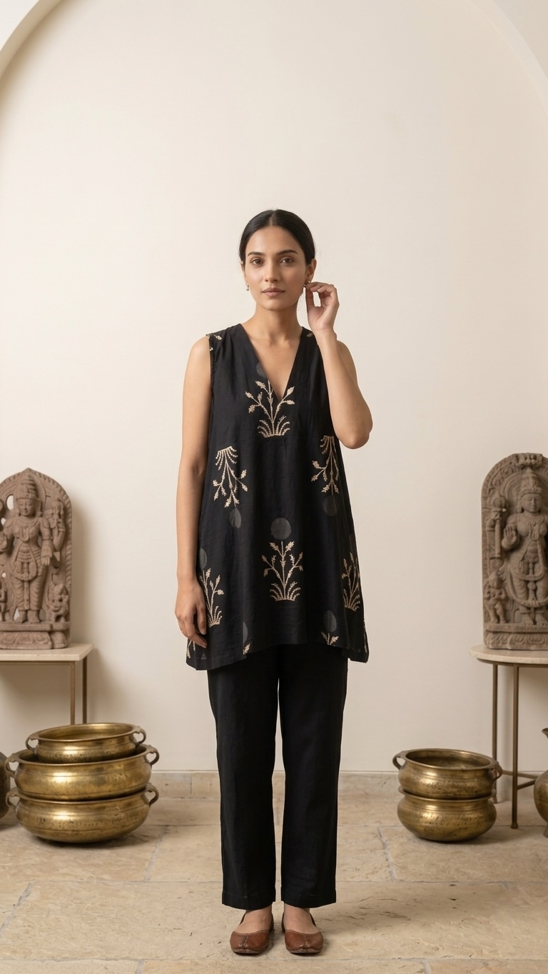 Block-Print Sleeveless V-Neck Tunic Top