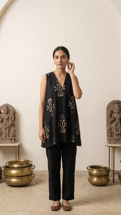 Block-Print Sleeveless V-Neck Tunic Top