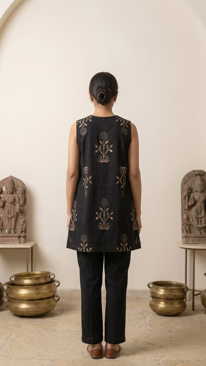 Block-Print Sleeveless V-Neck Tunic Top