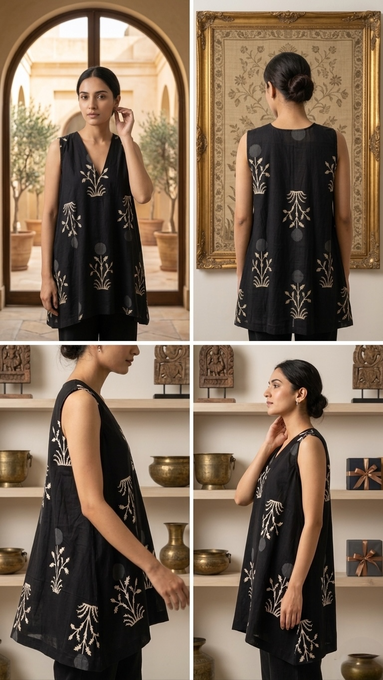 Block-Print Sleeveless V-Neck Tunic Top