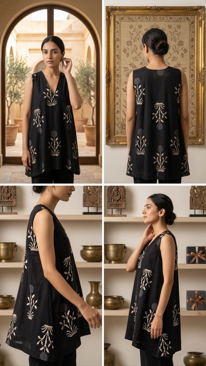 Block-Print Sleeveless V-Neck Tunic Top