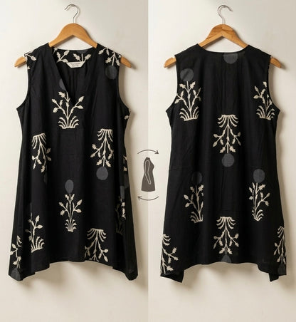 Block-Print Sleeveless V-Neck Tunic Top