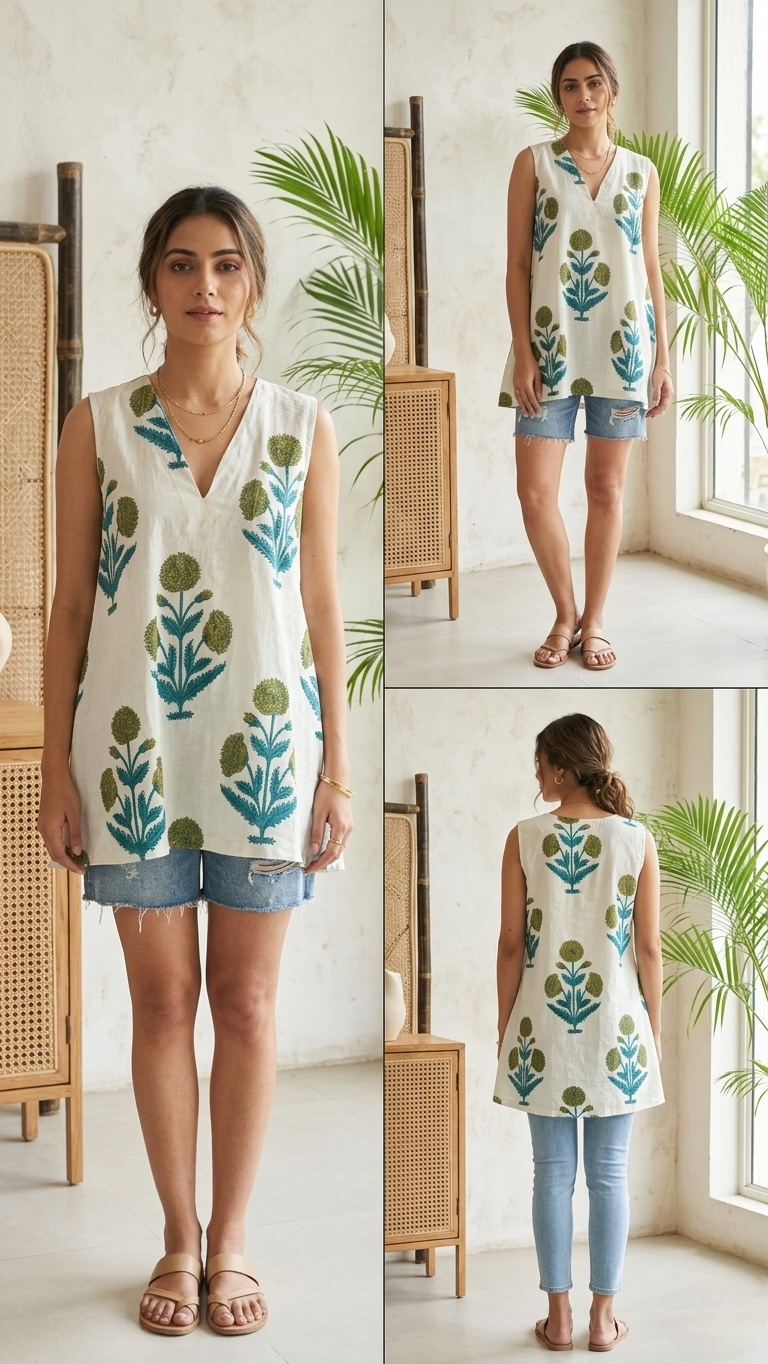 The Summer Vibe: Ivory & Teal Floral Printed Summer Slit Top