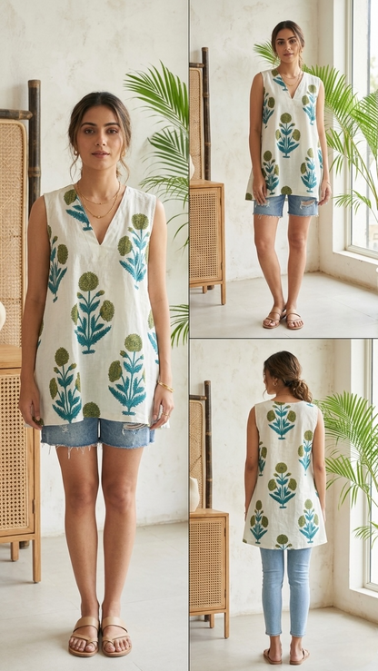 The Summer Vibe: Ivory & Teal Floral Printed Summer Slit Top