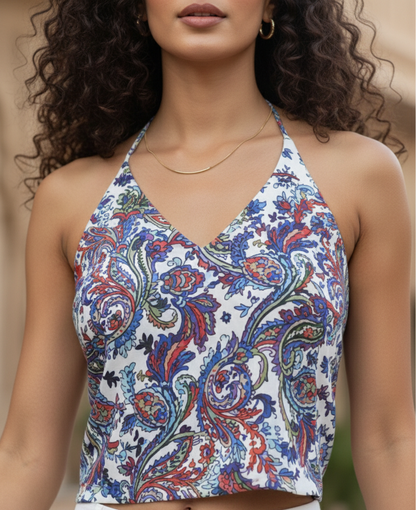 Royal Paisley Halter Crop Top