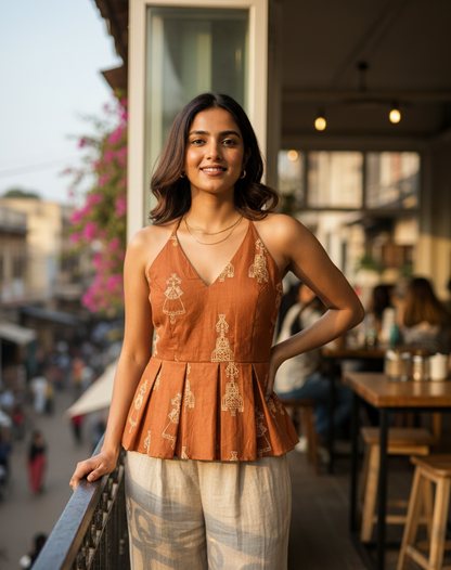 Rust Artisan Peplum Halter Top