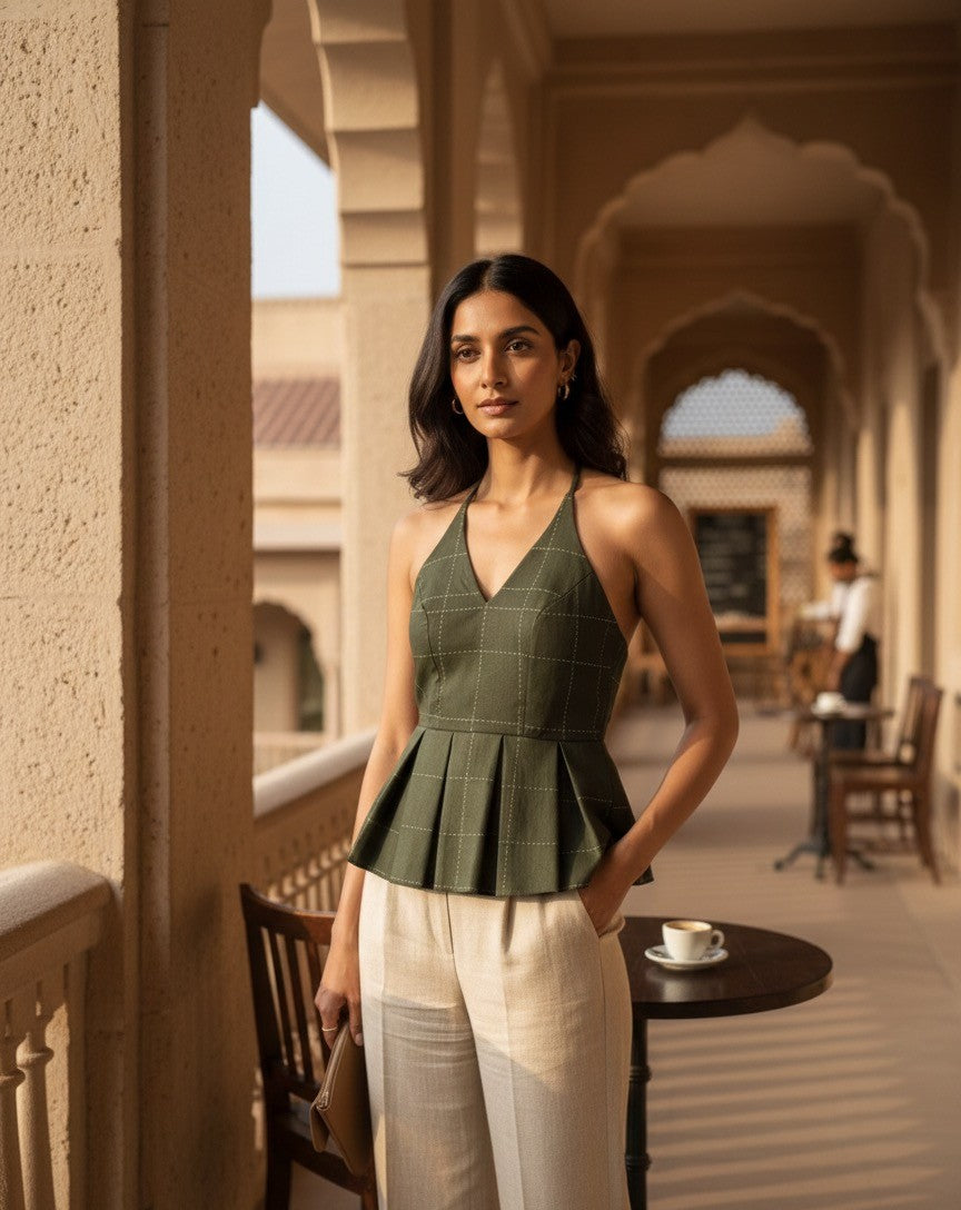 Olive Check Peplum Halter Top