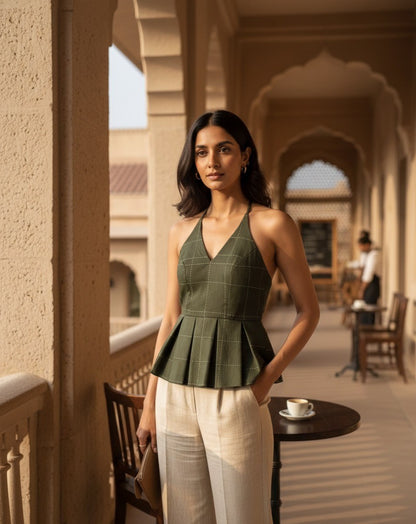 Olive Check Peplum Halter Top