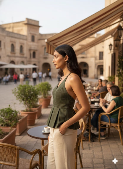 Olive Check Peplum Halter Top