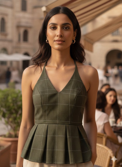 Olive Check Peplum Halter Top