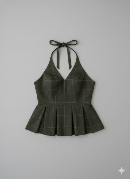 Olive Check Peplum Halter Top