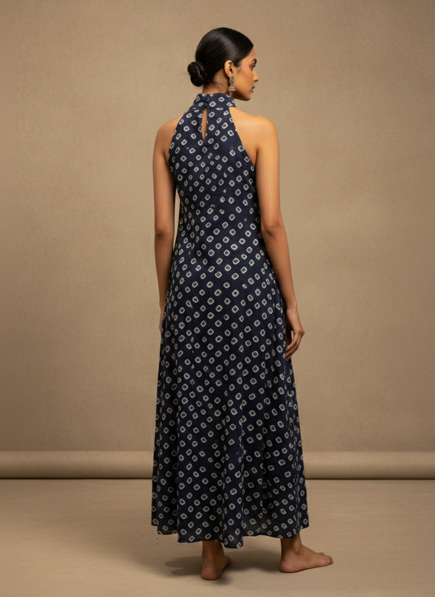 Blue-Bandhani Halter Maxi Dress