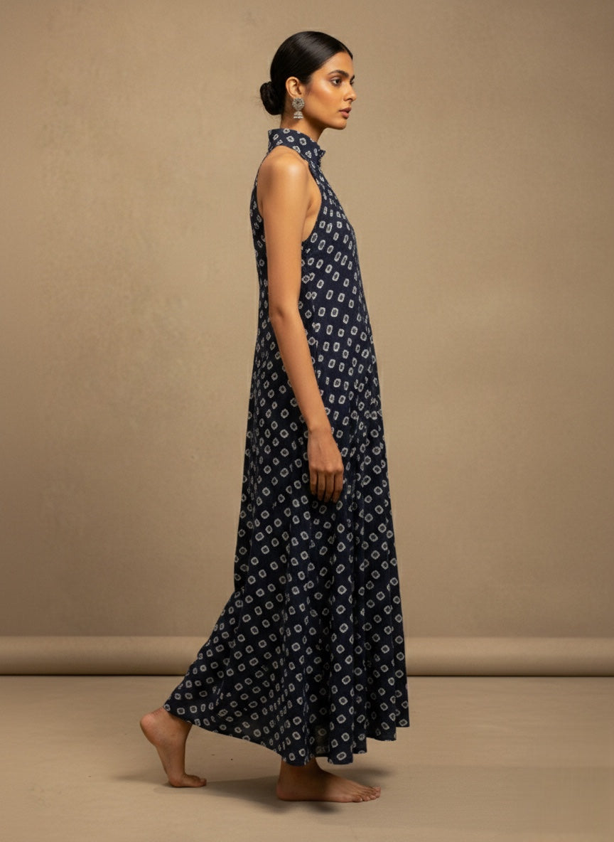 Blue-Bandhani Halter Maxi Dress