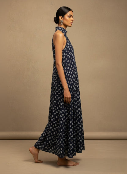 Blue-Bandhani Halter Maxi Dress