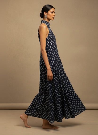 Blue-Bandhani Halter Maxi Dress