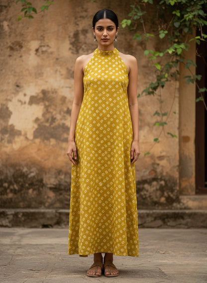 Yellow-Bandhani Halter Maxi Dress