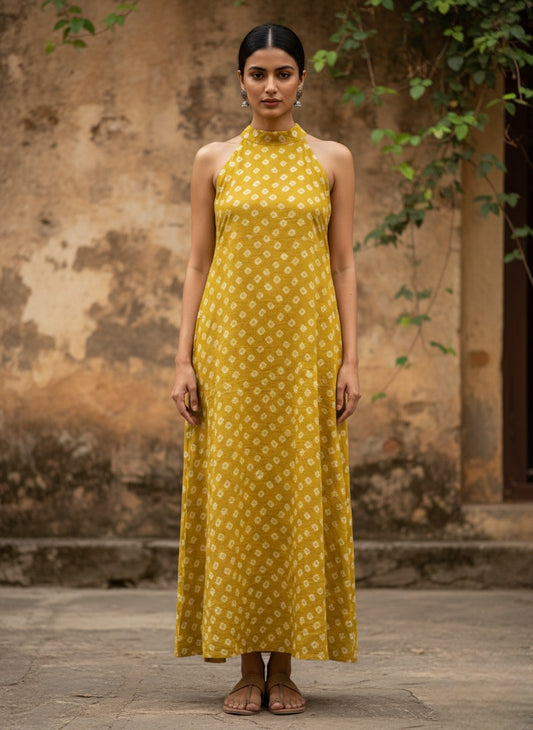 Yellow-Bandhani Halter Maxi Dress