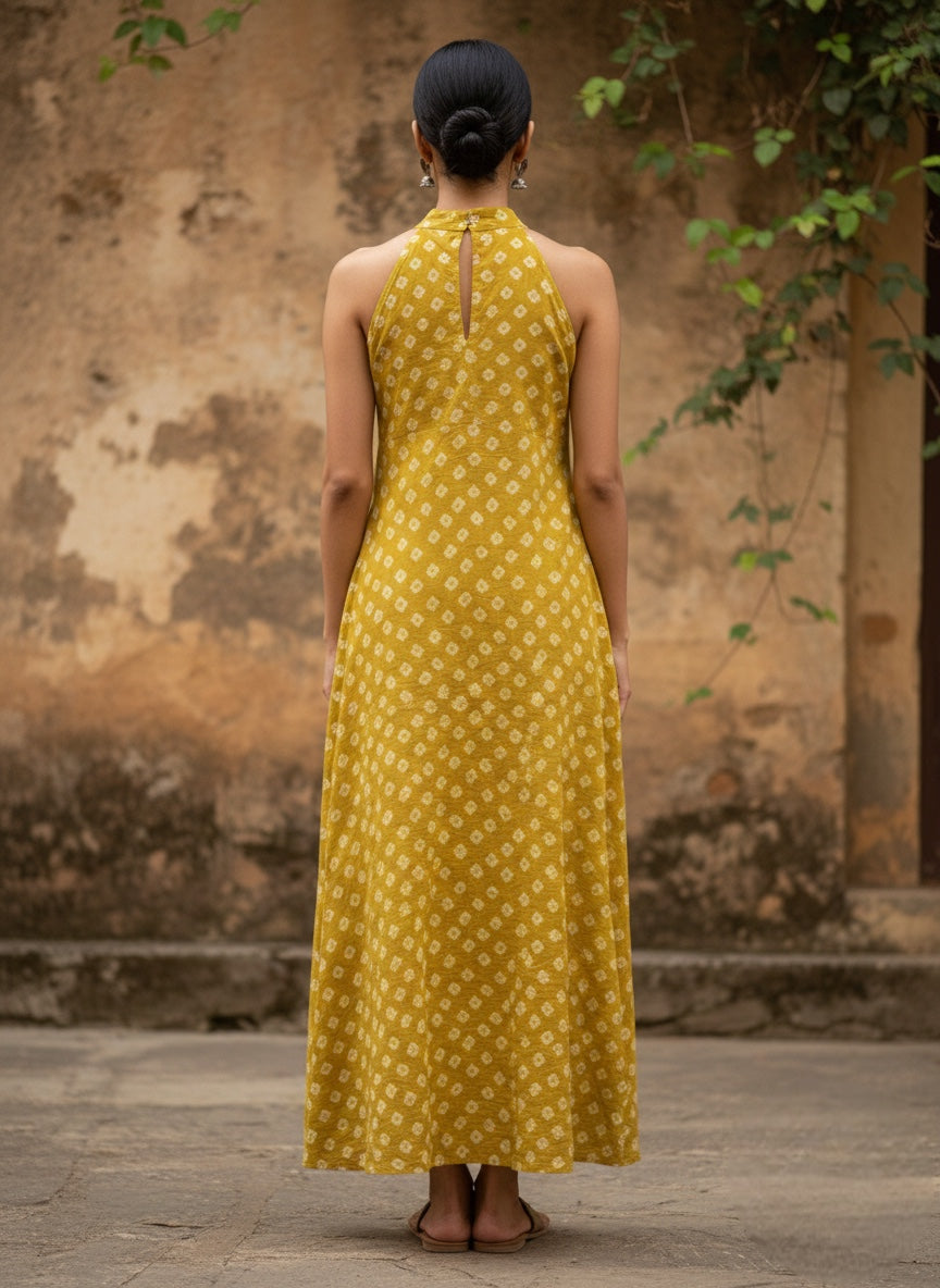 Yellow-Bandhani Halter Maxi Dress