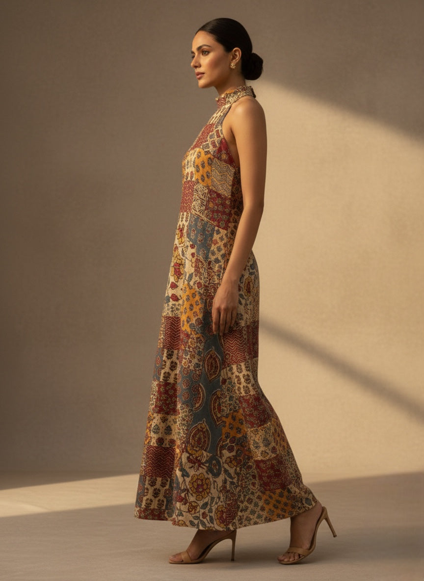Patchwork Elegance Halter Maxi Dress