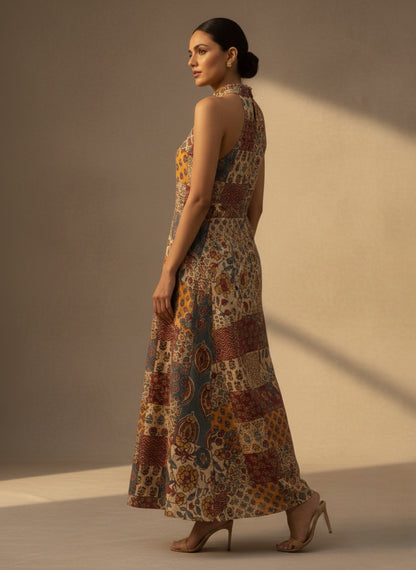 Patchwork Elegance Halter Maxi Dress